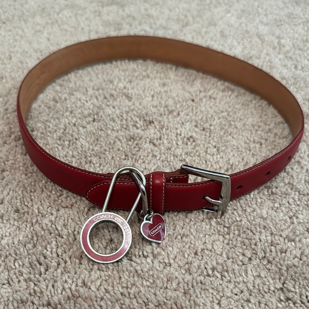 Coach Red Leather Dog Collar with Silver Accents